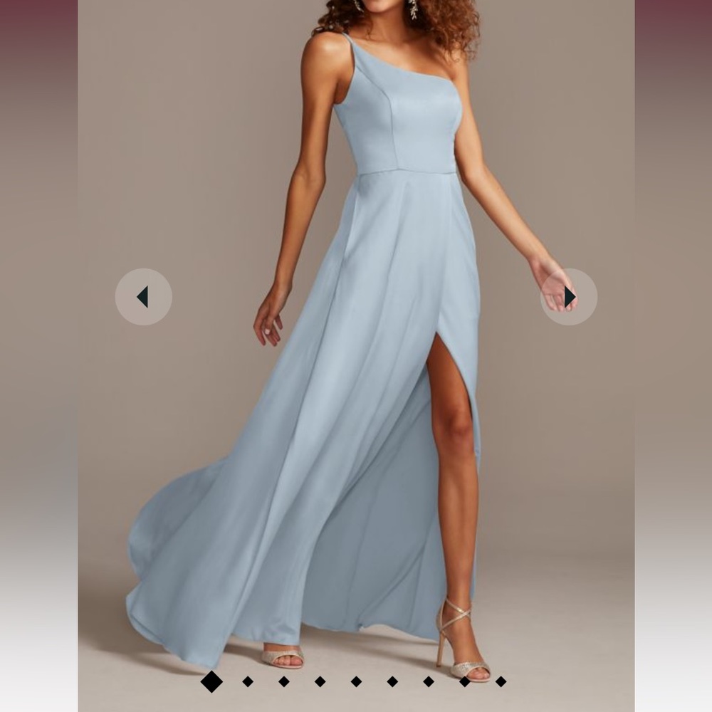 crepe-back satin one-shoulder bridesmaid dress in color dusty blue